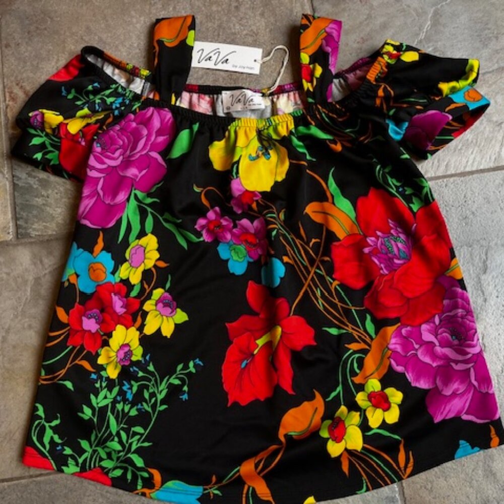 VaVa by Joy Han Vivid Floral Print Puff Sleeve Sexy Cold Shoulder Top Size M